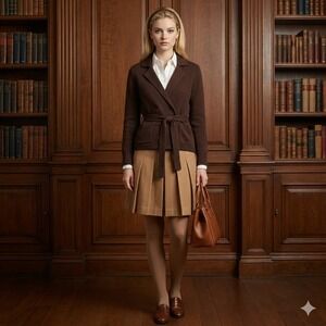 Y2K Crystal Kobe Cardigan‎ Sweater Womens M Brown Cable Knit Preppy Academia